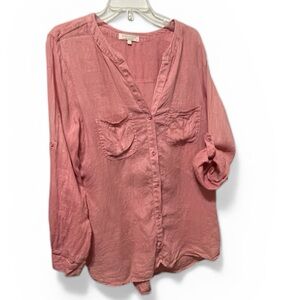 Side Stitch Los Angeles linen Top Roll Tab Sleeves Sz L pockets made in USA